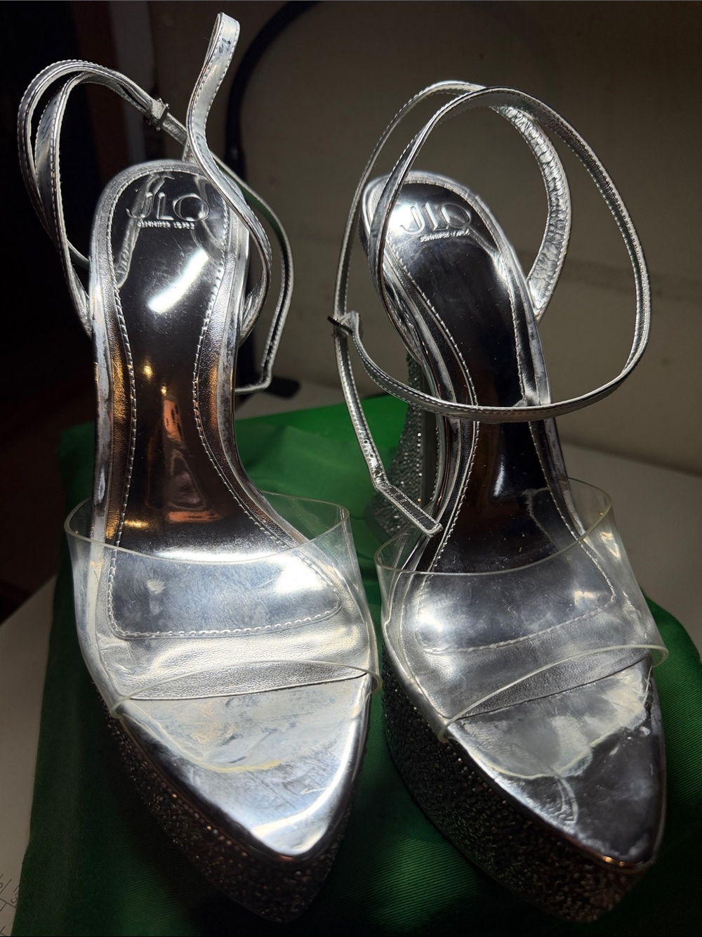 Jennifer Lopez Silver Platform Sandals with Clear Toe Band